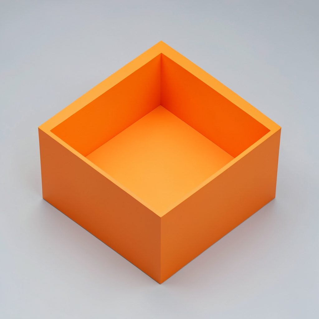 Isometric render of an art fair booth in warm orange and cream tones with sculptural pieces on display stands