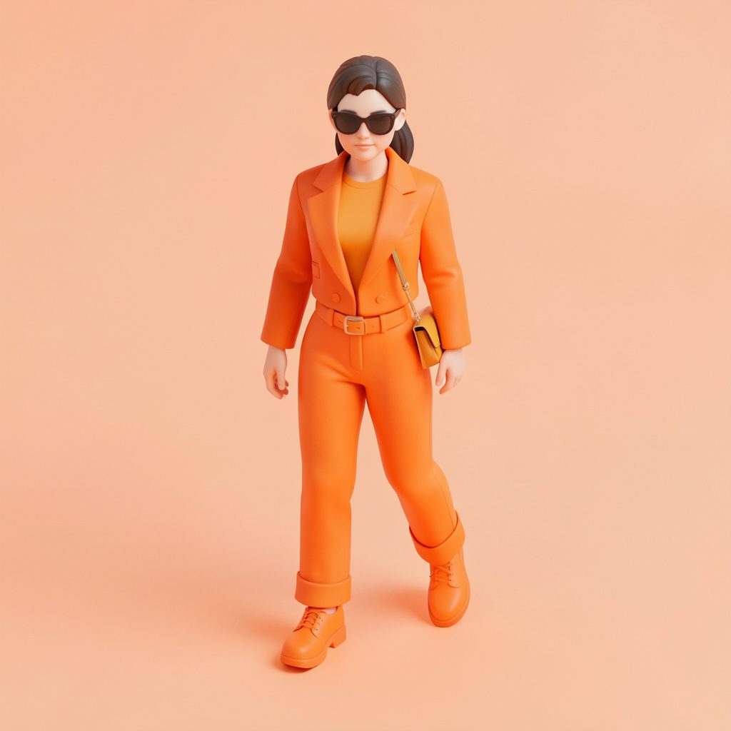 Isometric render of a fashion designer's studio in muted orange and cream tones with fabric rolls and a sewing table
