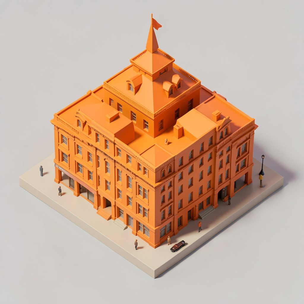 Isometric render of a European city square in soft blush and grey tones with minimalist architecture and warm lighting